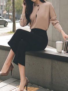 Stylewe Two-Piece Set For Women Black-Coffee Knot Front Outfits Office Interview Outfit, Work Attire Professional, Office Outfits For Ladies, Happy Hour Outfit, Interview Outfits Women, Professional Outfit, Stand Collar Top, Office Casual Outfit, Casual Work Outfits