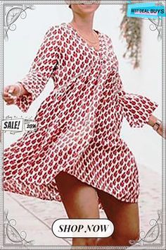 Casual Print Patchwork Basic V Neck A Line Dresses Loose Mini Dress, Three Quarter Sleeve Dresses, Chiffon Fashion, Red Dress Short, Long Sleeve Short Dress, Casual Stylish, Fashion Pattern, Bohemian Dress, Dress Size Chart