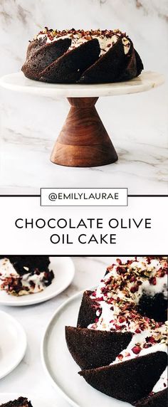 chocolate olive oil cake on a white plate with text overlay that reads @ emyllaubake