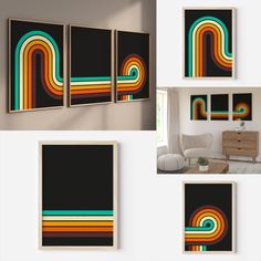 four different images of an abstract painting on the wall in various stages of being displayed