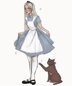 a drawing of a girl in an alice costume next to a cat