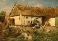 a painting of a man sitting on a bench in front of a thatched roof house