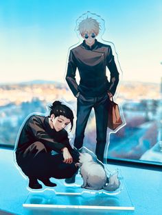 two anime characters standing next to each other on a window sill in front of a cityscape