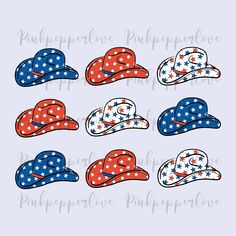 six red, white and blue hats with the american flag colors on them are shown