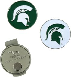 two green and white michigan state university emblems are shown in front of each other