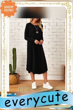 Black Cotton Blend Long Sleeve Casual Dress Chic Plain Black Dress, Chic Black Plain Dress, Black Solid Color Winter Midi Dress, Black Casual Midi Dress For Fall, Casual Black Midi Dress For Fall, Black Solid Midi Dress For Winter, Black Winter Midi Dress, Black Plain Midi Length Dress, Black Long Sleeve Plain Dress