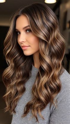 Caramel Highlights With Layers, Maja Salvador, Winter Hair Color Trends, Long Curly Haircuts, Highlights For Dark Brown Hair, Winter Hair Colors, Amber Hair