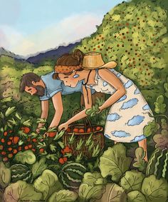 a painting of two women picking tomatoes in a garden with mountains in the background and blue sky above