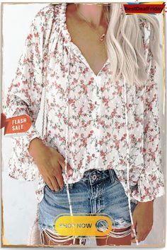 Floral Print Flares Sleeve Blouse Non-stretch Long Sleeve Beach Blouse, Non-stretch Long Sleeve Summer Blouse, Non-stretch Long Sleeve Blouse For Beach, White Non-stretch Spring Blouse, Non-stretch Floral Print Top For Fall, Chic Non-stretch Printed Blouse, Chic Printed Non-stretch Blouse, Non-stretch White Blouse For Spring, Non-stretch Printed Casual Blouse