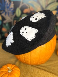 100% Wool Beret with hand stitched details. Black Ghost, Wool Beret, Night Forest, Wool Berets, Sleep Mask, Long Beach, Jack O Lantern, Hand Stitched, Hand Stitching