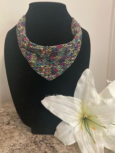 Beaded scarf collar with chain. Spring Multicolor Beaded Necklace For Party, Spring Party Multicolor Beaded Necklaces, Chic Beaded Necklace For Party, Trendy Multicolor Party Choker, Trendy Multicolor Choker For Party, Elegant Multicolor Party Choker, Multicolor Beaded Chain Choker, Beaded Multi-strand Bib Necklaces For Parties, Beaded Multi-strand Bib Necklace For Party