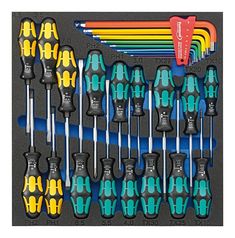 12 piece screwdriver set in plastic case with multicolored handles and tips