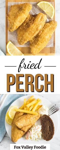 fried fish and french fries on a plate with lemon wedges next to the recipe