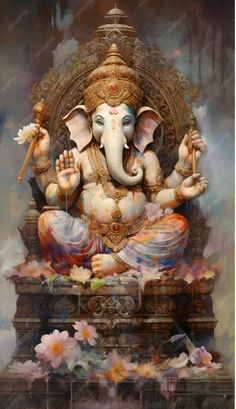 a painting of an elephant sitting on top of a statue with flowers around it's feet