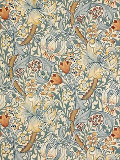 an image of a wallpaper with flowers and leaves in blue, yellow and red