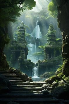 a fantasy forest scene with waterfall and steps leading to the water falls in front of them