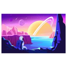 an astronaut looking out at the planets from a rocky cliff in front of water and mountains