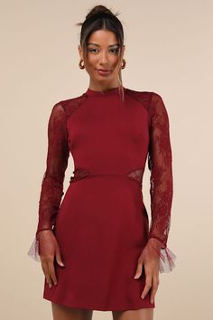 Bragging Rights Burgundy Lace Long Sleeve Skater Dress Long Sleeve Dress With Lace Trim, Long Sleeve Bodycon Lace Dress For Party, Fitted Bodycon Dress With Lace Sleeves For Party, Bodycon Long Sleeve Lace Dress For Party, Elegant Stretch Mini Lace Dress, Long Sleeve Lace Trim Bodycon Dress, Long Sleeve Bodycon Lace Dress, Fitted Lace Sleeve Bodycon Dress For Night Out, Fitted Lace Dress With Sheer Sleeves For Date Night