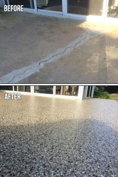 before and after photos of a concrete driveway