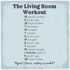 the living room workout routine is shown in black and white with an old blue background