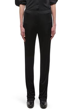 Liquid jersey lends a graceful drape to these wear-everywhere pants. 32" inseam; 19" leg opening; 10" front rise; 15" back rise (size Medium) Front slant pockets 100% viscose Dry clean Imported High-waisted Elastane Dress Pants For Evening, Evening High-waisted Elastane Dress Pants, Stretch Straight Dress Pants For Evening, Sleek Stretch Dress Pants For Evening, Elegant Black 4-way Stretch Pants, Sleek Stretch Evening Dress Pants, Sleek Full-length Pants With 4-way Stretch, Classic Elastane Pants For Evening, Sleek Full-length Pants With Minimal Stretch