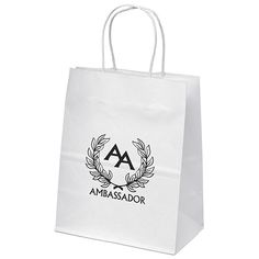 a white shopping bag with the aa ambassador logo on it's front and side