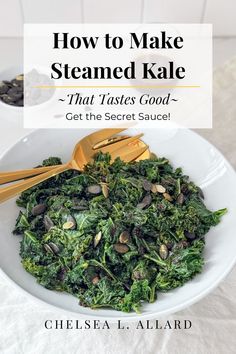 A bowl of steamed kale with pepitas. Dinner Kale Recipes, Kale Asian Recipes, How To Cook Kale On Stove, Cooked Kale Recipes, Cooking Kale On Stove