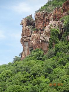 some very tall rocks and trees on a hill