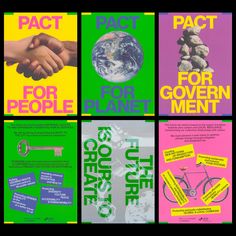 four posters with different types of people's hands and the words peace, pact for government