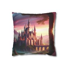 a pillow with an image of a castle in the sky and trees at sunset on it