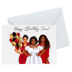 a birthday card with three women holding balloons