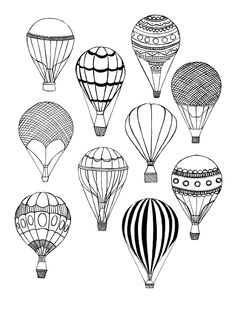 the hot air balloons are drawn in black and white, with lines on each side