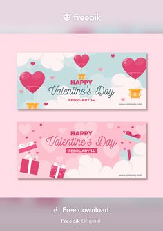 two valentine's day banners with hearts and presents