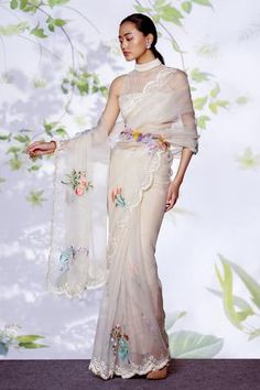 Shop for Archana Rao Ivory Organza Botanical Embroidered Saree for Women Online at Aza Fashions Satin Embroidery, Organza Embroidery, Saree Women, Ivory Blouse, Pearl Embroidery, Saree Designs Party Wear, Saree For Women, High Neck Blouse, Satin Tulle