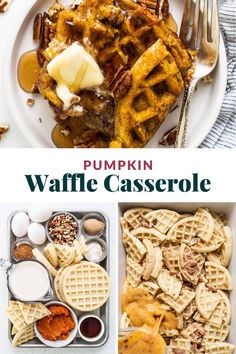 pumpkin waffle casserole with butter and pecans on the side is shown