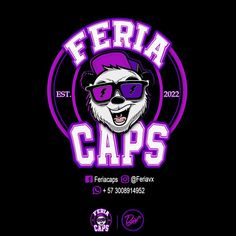 the logo for feria caps is shown in purple and black with an image of a polar bear wearing sunglasses