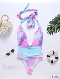 Eromis - Contemporary Design One-Piece Backless High Cut Swimsuit with Unique Print Multicolor One Pieces For Summer Party, Multicolor Summer Bodysuit For Beach Party, Multicolor Summer Party Bodysuit, Multicolor Halter Neck Bodysuit For Swimming, Multicolor Halter Neck Bodysuit For Beach, Multicolor Backless Bodysuit For Vacation, Multicolor Halter Neck Bodysuit For Poolside, Purple Backless Swimwear For Summer, Multicolor Backless Bodysuit For Beach Season