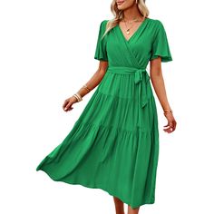 Green V Neck Tie Waist Short Sleeve Casual Dress Casual Dress Patterns, Curved Hem Top, Wrap Dress Long, Style Casual Chic, Surplice Dress, Long Dress Casual, Summer Chic, Long Summer Dresses, Daily Dress