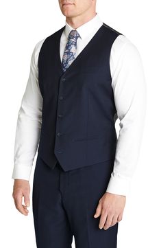 An adjustable back buckle strap ensures a custom fit in this dapper waistcoat that features a woven front and a glossy satin back. V-neck 72% polyester, 28% viscose Machine wash, line dry Imported Classic V-neck Suits For Semi-formal Occasions, Classic V-neck Semi-formal Suits, Elegant V-neck Vest For Formal Occasions, Elegant Semi-formal Sleeveless Vest, Elegant Sleeveless Semi-formal Vest, Elegant Blazer With Vest For Semi-formal Occasions, Elegant Semi-formal Blazer With Vest, Elegant Suits With Vest And Notch Lapel, Elegant Business Casual Suits With Vest