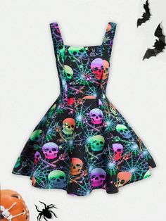 Plus Size Cute Colorful Skull Print Overall Dress For Halloween Multicolor Casual  Sleeveless Woven Fabric Figure,Geometric,Halloween,All Over Print Pinafore Non-Stretch  Women Plus Clothing, size features are:Bust: ,Length: ,Sleeve Length: Punk Plus Size, Geometric Halloween, Colorful Skulls, Halloween Cute, Plus Size Halloween, Cropped Leather Jacket, Scoop Neck Dress, Suspender Dress, Black Party