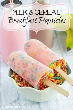 milk and cereal breakfast popsicles in a bowl