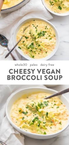 three bowls of cheesy vegan broccoli soup