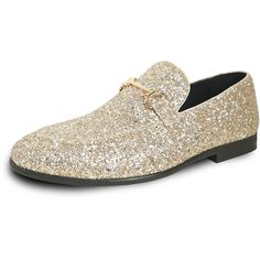 PRICES MAY VARY. Brilliant All-Over Glitter Effect with this Modern Dress Loafer Style from bravo! A Modern Dress Loafer Style with Various Pop Elements and Buckle Details Catch the Light the Way You Turn, and Attract All Eyes on You. Premium Fully Lined Interior and Full-Length EVA Cushioned Footbed Keeps Your Feet Comfort of Walking and Dancing. Durable Rubber Outsole. Heel Measures Approximately 0.75". Full Size Range From 7 to 16 Medium Width. Perfectly for Prom, Wedding, Formal, or Party Oc Gold Prom Shoes, Tuxedo Shoes, Prom Tuxedo, Light The Way, Buckle Loafers, Loafer Style, Slip On Dress Shoes, Slip On Dress, Blue Green Gold