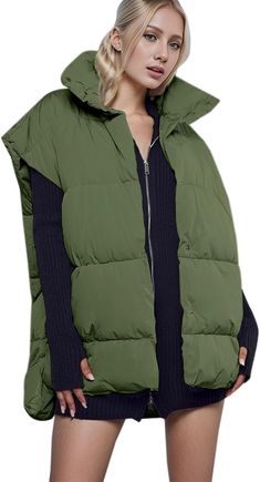 Stay warm on cold winter days with this stylish High Collar Oversized Sleeveless Puffer Vest Winter Coat. The oversized design with a high collar provides an extra layer to keep you warm and comfortable. With lightweight insulation and a puffer design, this coat is perfect for staying cozy during the colder months. The women's winter puffer vest coats made of 100% POLYESTER fabric, smooth and lightweight, wear warm and comfortable. Let you spend a great winter. Sleeveless, solid color, funnel ne Sleeveless Puffer Jacket For Fall, Green Winter Vest For Layering, Casual Oversized Sleeveless Outerwear, Oversized Sleeveless Casual Outerwear, Green Winter Layering Vest, Sleeveless Puffer Outerwear For Winter, Sleeveless Green Outerwear For Fall, Oversized Casual Winter Vest, Casual Oversized Winter Vest