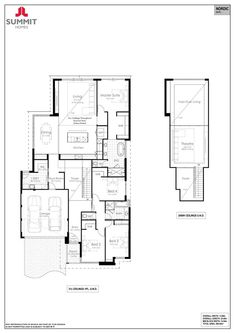 two story house plans with garages and living room in the middle, one bedroom on each