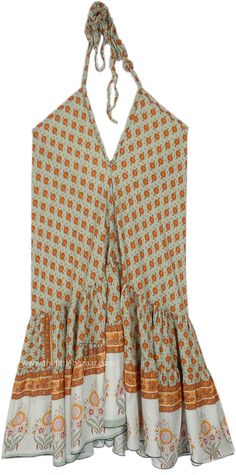 This stylish short dress showcases a delightful blend of orange and white florals against a soft seafoam green background, crafted from lightweight rayon for a flowy, comfortable fit. The design features a long neck tie that allows for an adjustable fit around the neck, complementing the V-neckline that leads into a gently flared skirt with decorative borders that enhance its bohemian appeal. #tlb #vacationclothing #beachwrap #SummerDress #westerndress Green Rayon Beach Sundress, Green Boho Print Sundress For Spring, Green Rayon Summer Sundress, Green Rayon Mini Dress, Green Rayon Sundress, Green Rayon Mini Dress For Vacation, Green Rayon Mini Dress For Summer, Green Rayon Mini Dress For The Beach, Seafoam Green Background