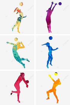 four different colored silhouettes of people playing volleyball