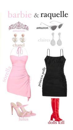 a woman's dress and shoes are shown with the words barbie, barbie & raquelle