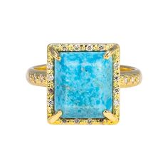 Ring 18kt Yellow Gold 0.136 CT White Diamond and Blue Turquoise Compressed Square. Fine Jewelry Turquoise Ring With Accent Stones, Luxury Blue Multi-stone Turquoise Ring, Fine Jewelry Gold Turquoise Multi-stone Ring, Rectangular Blue Turquoise Gemstone Ring, Luxury Turquoise Ring Jewelry, Fine Jewelry Yellow Gold Turquoise Ring With Accent Stones, Turquoise Gemstone Rings With Emerald Cut, Blue Turquoise 14k Gold Fine Jewelry Ring, Fine Jewelry Multi-stone Turquoise Ring In Yellow Gold