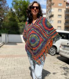 Crochet Ponchos Oversize Sweater Lightweight Sweater Winter - Etsy Bohemian Knitted Poncho For Fall, Bohemian Yarn Poncho For Fall, Winter Multicolor Poncho With Tassels, Multicolor Tassel Poncho For Winter, Oversized Crochet Bohemian Sweater, Hand Knitted Multicolor Poncho For Fall, Oversized Bohemian Crochet Sweater, Casual Multicolor Handmade Poncho, Fall Multicolor Hand Knitted Poncho